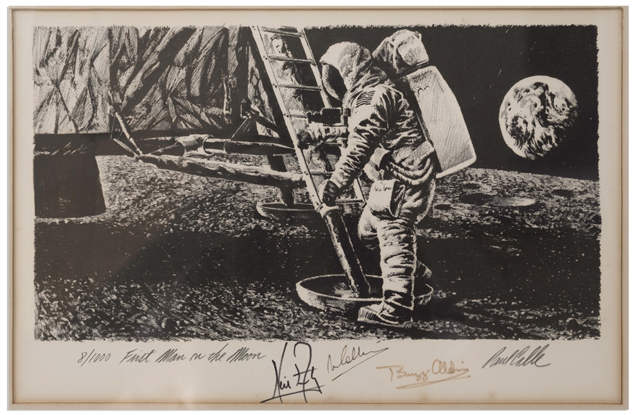 Apollo 11 Crew Signed Limited Edition of the Famous Paul Calle Artwork ''First Man on the Moon'' -- #8 in the Limited Edition, Signed by Neil Armstrong, Buzz Aldrin & Michael Collins